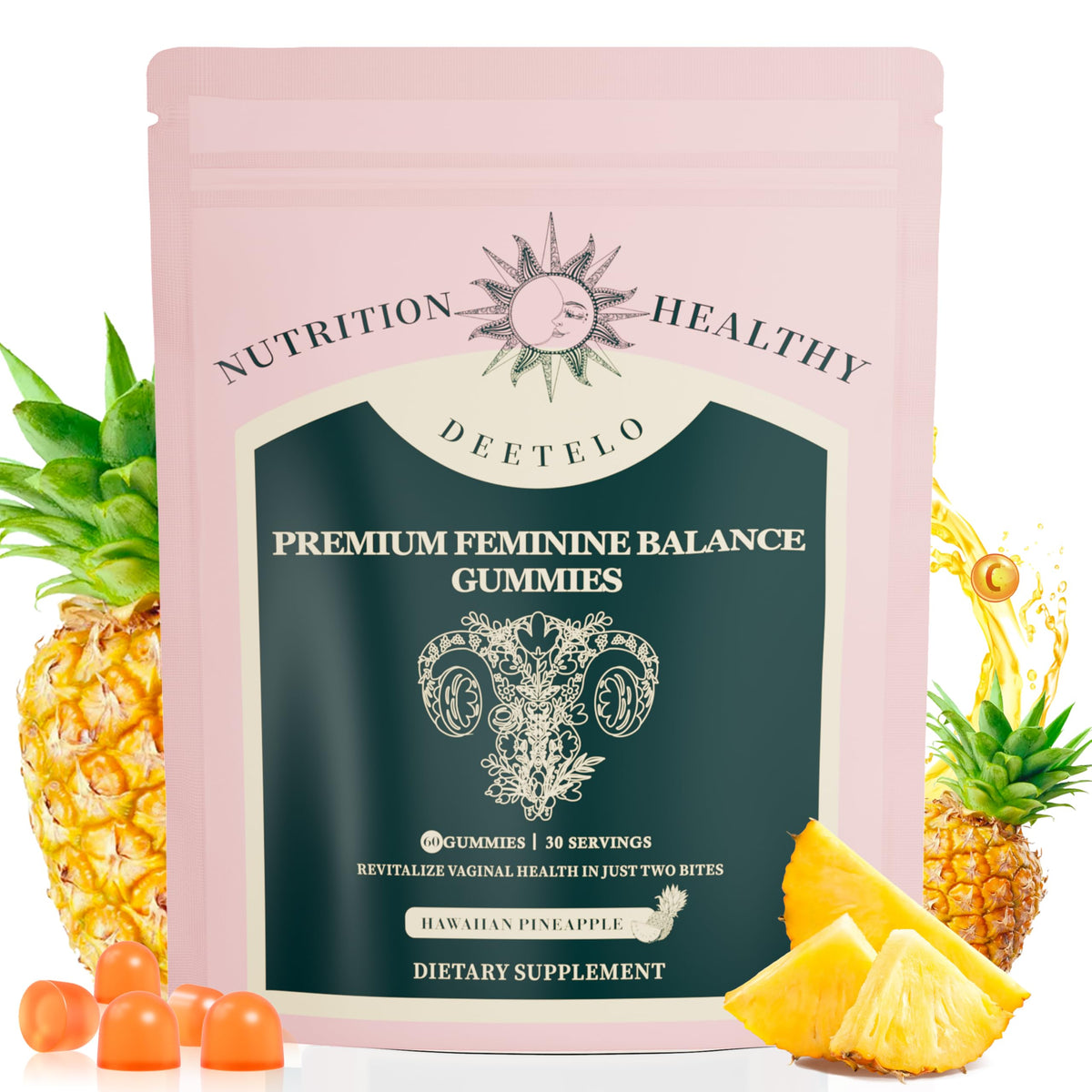 Premium Feminine Balance Gummies bottle with Hawaiian Pineapple flavor
