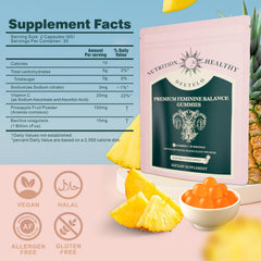 Bottle label for Feminine Balance Gummies showing key claims