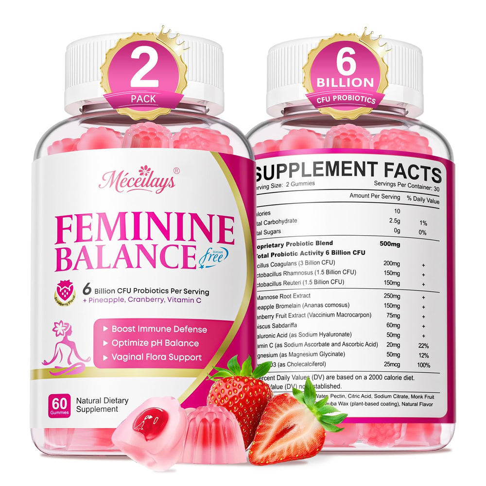 Front view of Feminine Balance Gummies bottle with strawberry flavor, 120 count