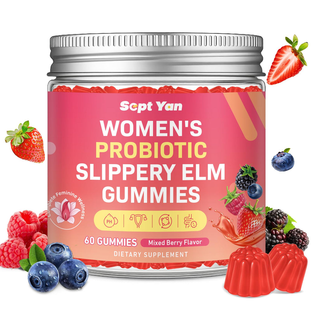 Bottle of Feminine Probiotic Slippery Elm Gummies with Mixed Berry Flavor