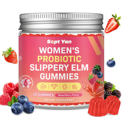 Bottle of Feminine Probiotic Slippery Elm Gummies with Mixed Berry Flavor