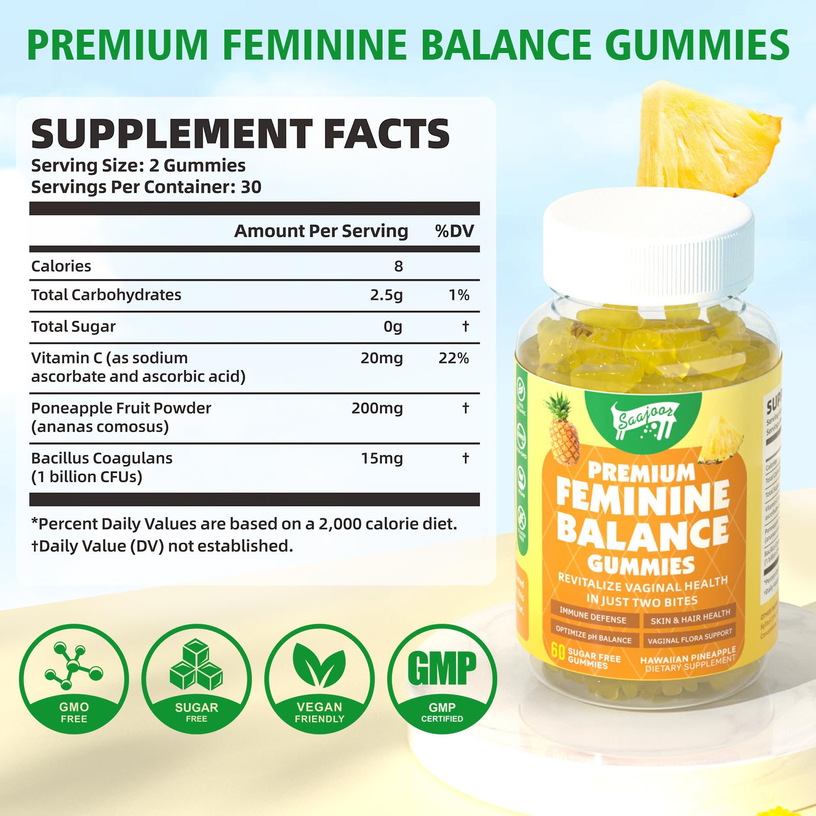 Packaging shot of feminine wellness gummies, 120-count bottle