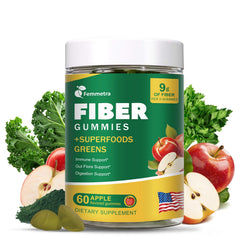 Femmetra front bottle showing apple fiber gummies and branding benefit convenience