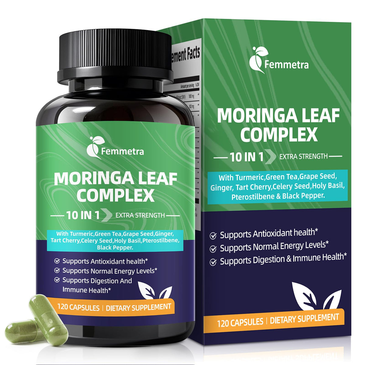Front view of Femmetra Moringa Turmeric Capsules bottle