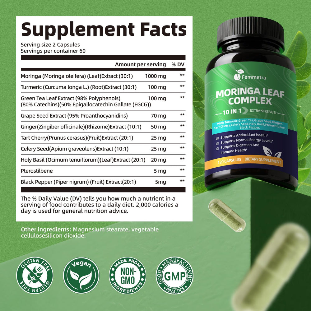 Bottle label highlighting 10-in-1 Moringa Leaf Complex with turmeric and ginger