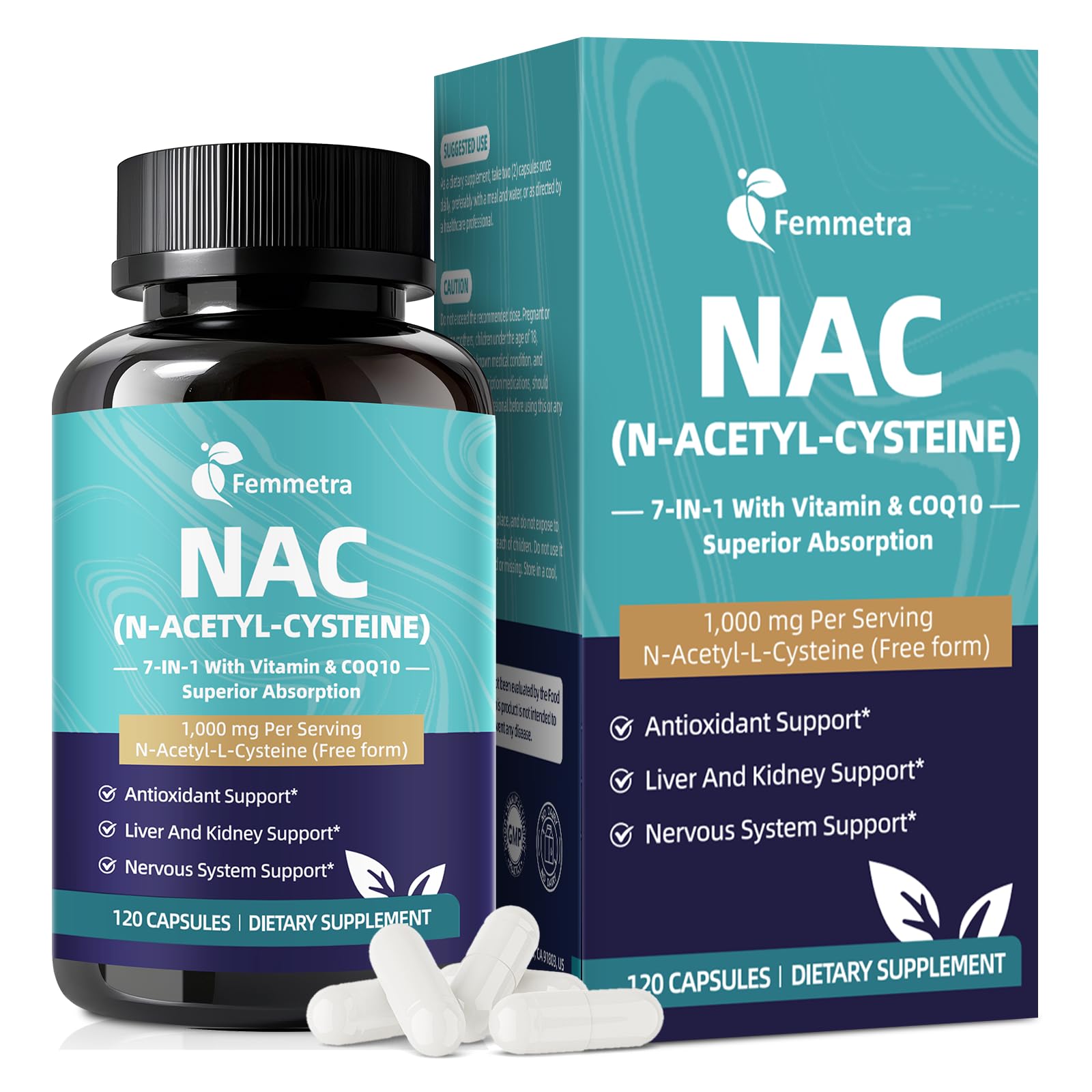 Bottle of Femmetra NAC 1000 mg capsules (120-count)