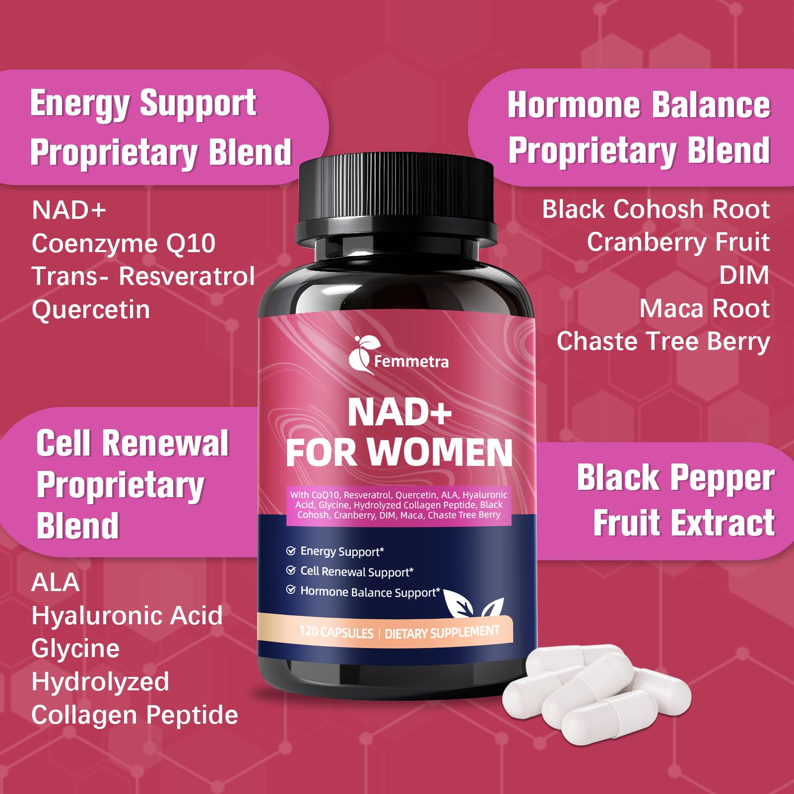 Close-up of Femmetra bottle label highlighting NAD+ and 14-in-1 formula