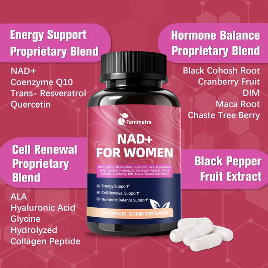 Close-up of Femmetra bottle label highlighting NAD+ and 14-in-1 formula