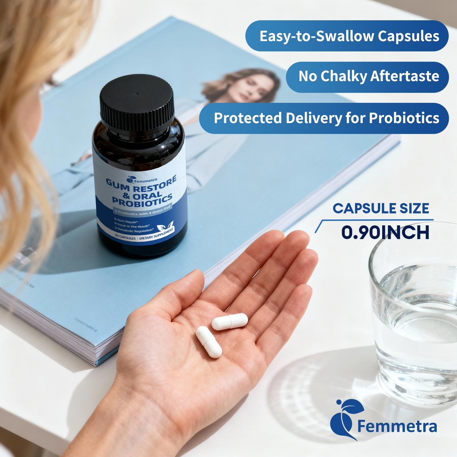 Two capsules from Femmetra probiotic bottle
