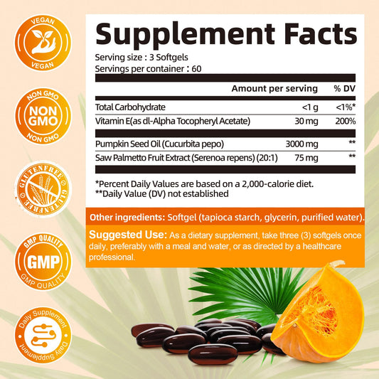 Close-up of Femmetra pumpkin seed oil and saw palmetto capsules bottle label