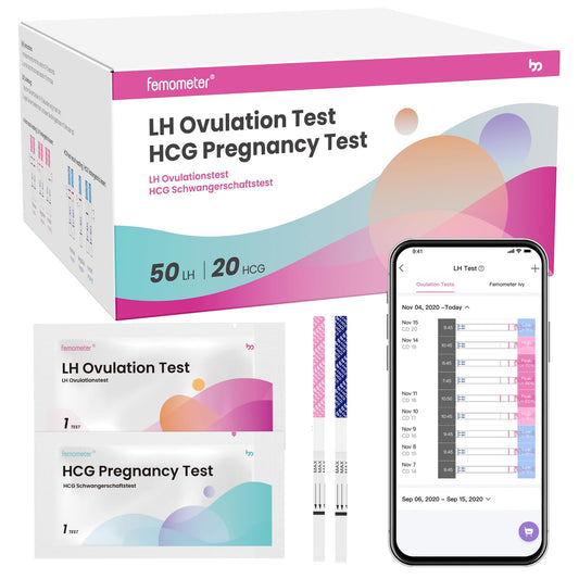 Femometer home LH and HCG test kit packaging showing 50 ovulation strips and 20 pregnancy strips