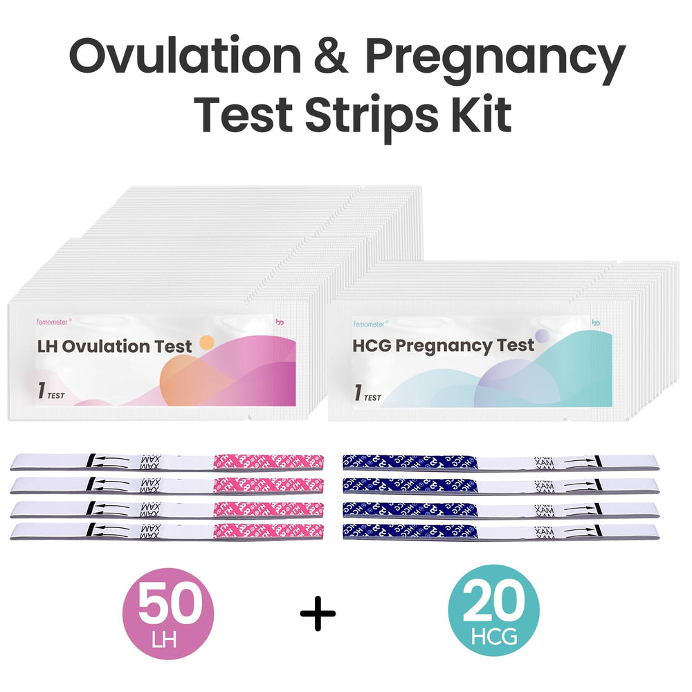 Inside packaging with 50 ovulation strips and 20 pregnancy strips