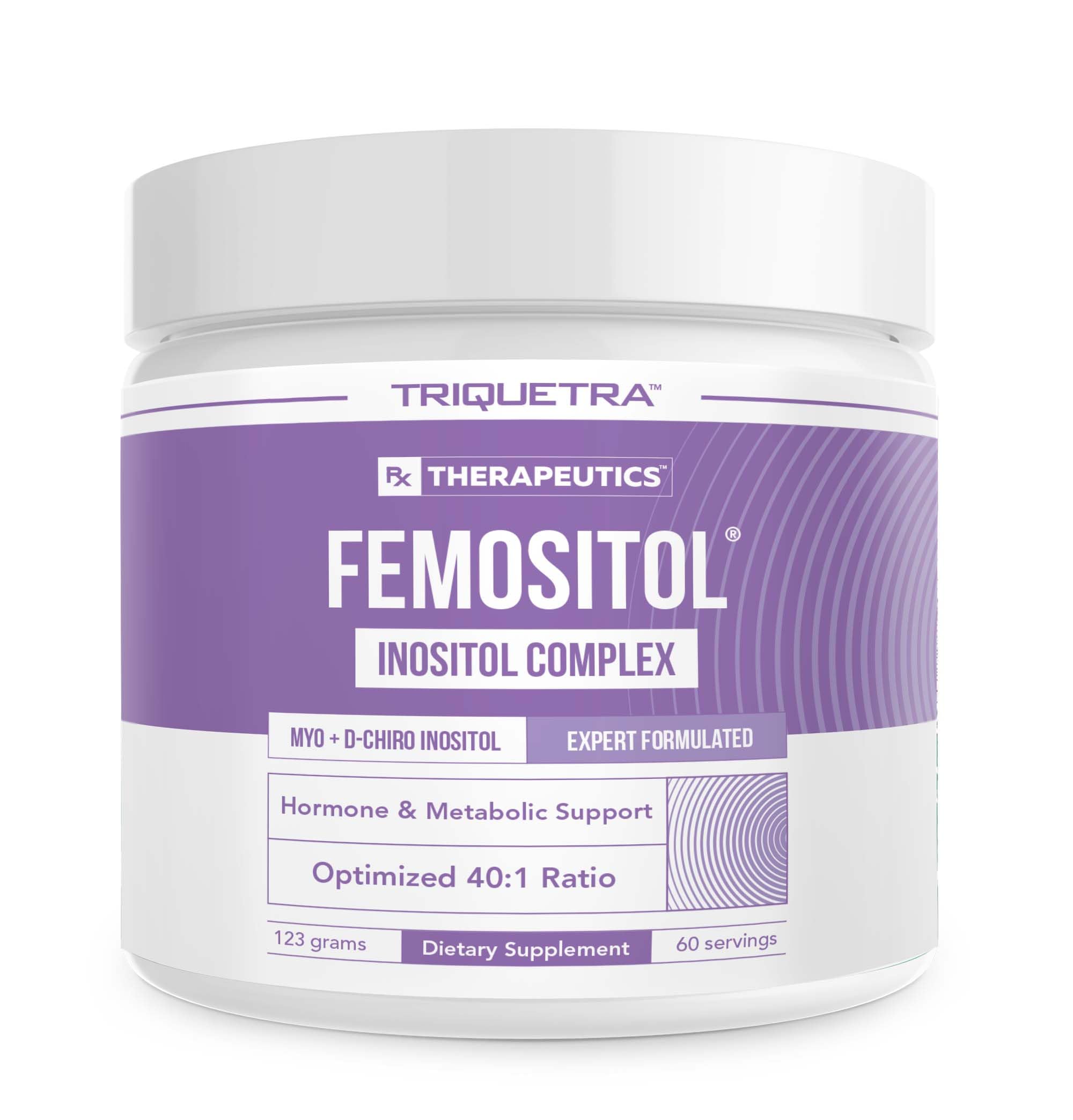 FemoSitol Inositol Powder container showing 123 g and 60 servings