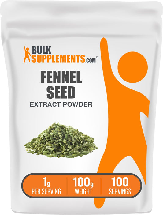 BulkSupplements fennel seed extract powder bottle and 100g packaging