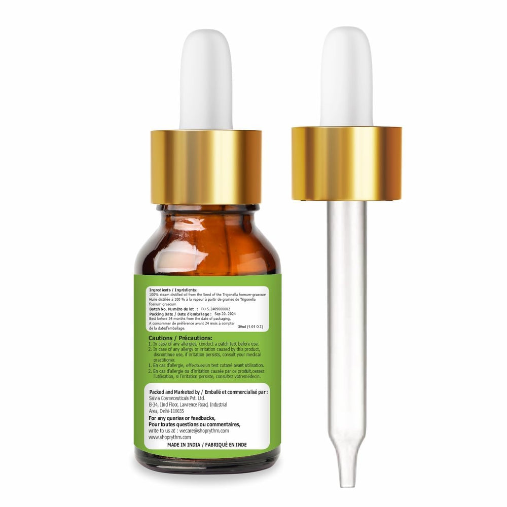 Close-up of fenugreek essential oil bottle 15ml label