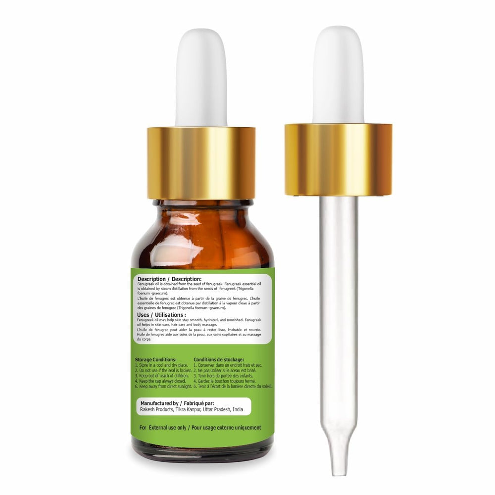 Dropper with fenugreek essential oil in 15ml bottle