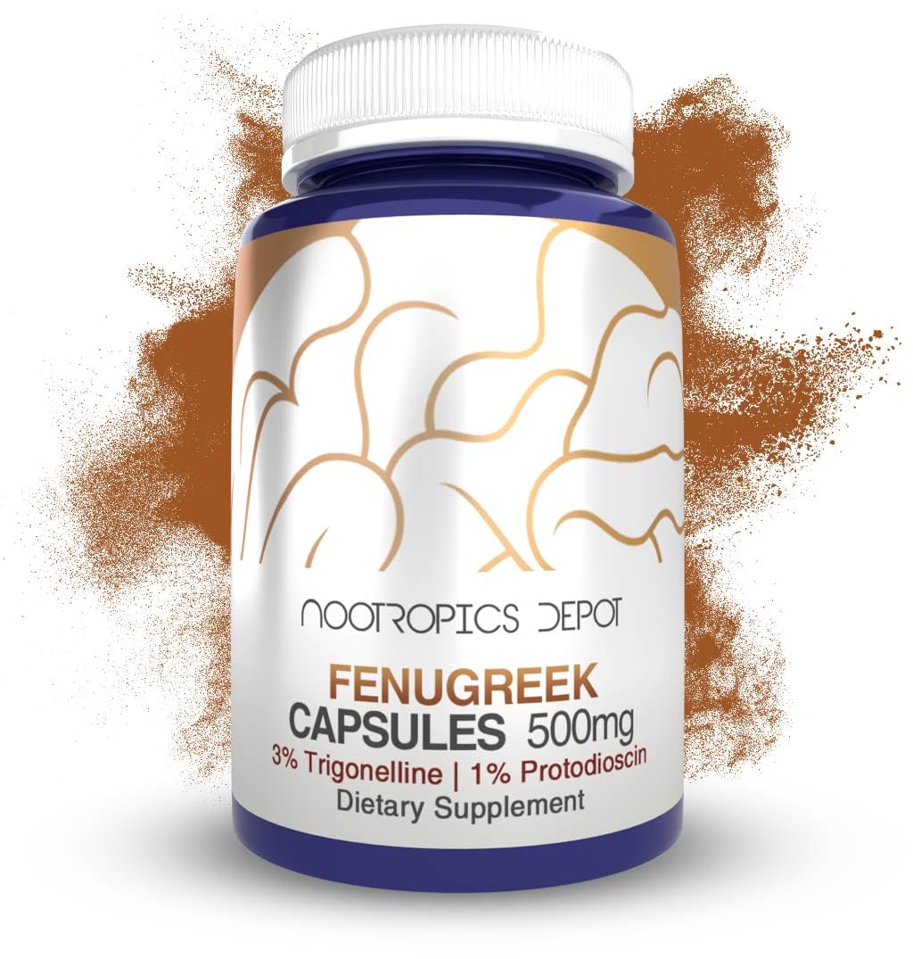 Front view of Nootropics Depot Fenugreek Extract Capsules bottle, 500 mg, 180 count.