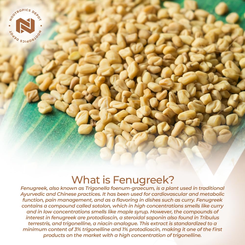 Close-up of bottle label highlighting 3% trigonelline and 1% protodioscin.