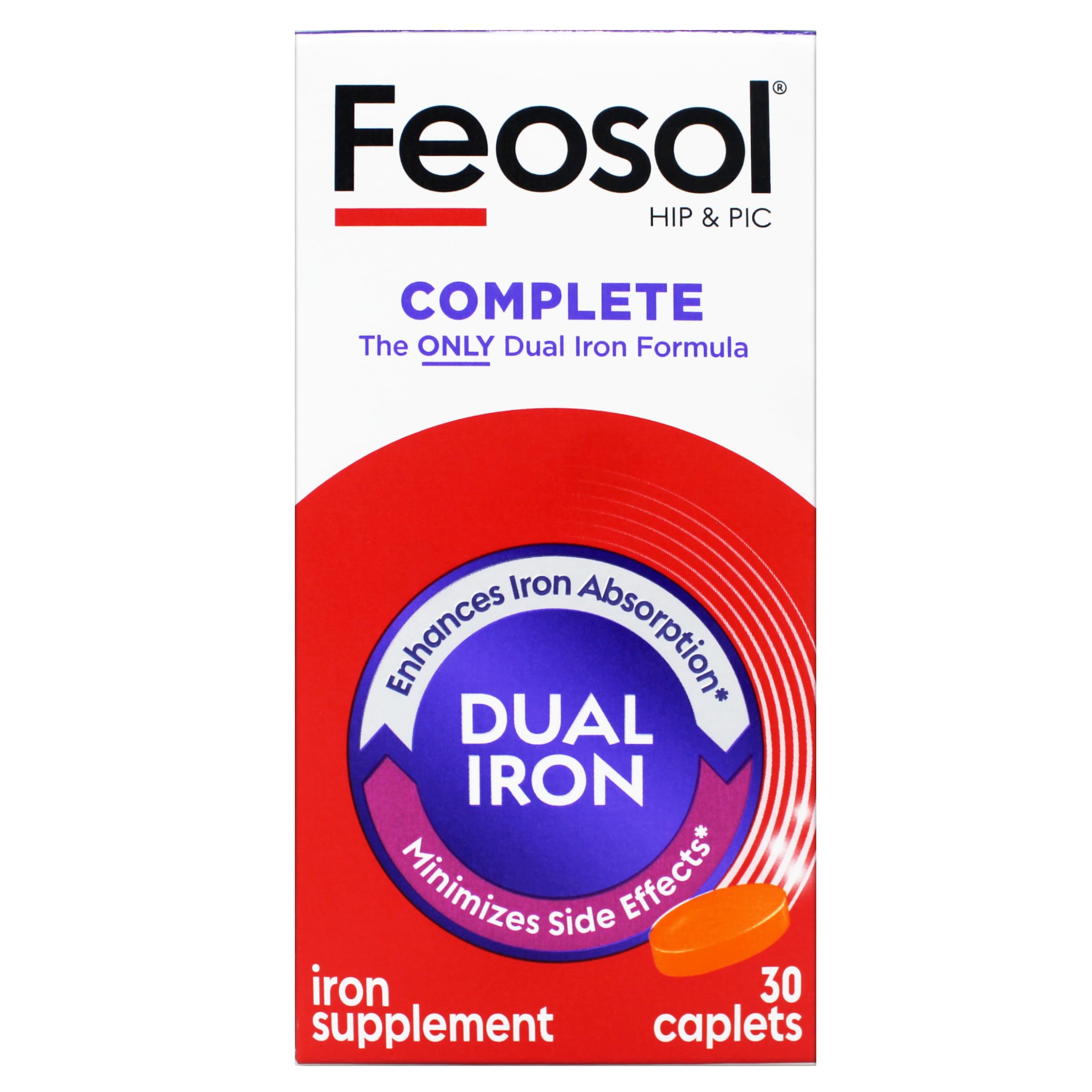 Feosol caplet close-up highlights small, gentle iron tablets for daily use.