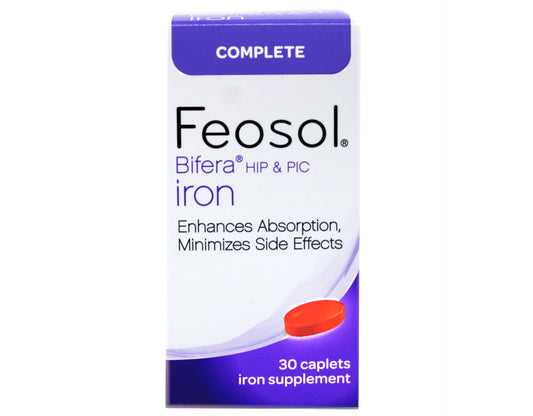 Feosol Bifera HIP & PIC iron supplement bottle with 30 caplets, pack of 3