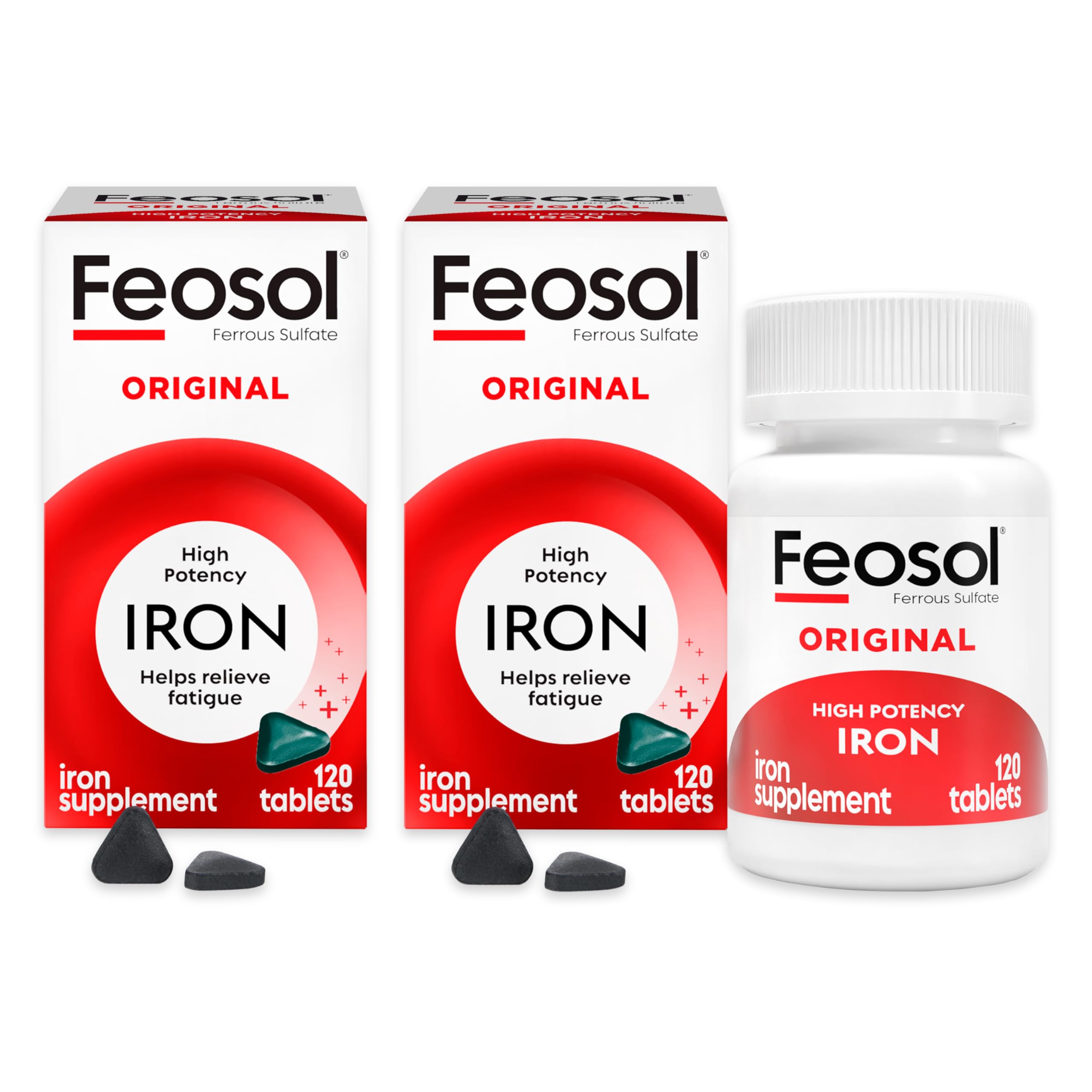 Feosol Original iron supplement bottle and tablets on a white background