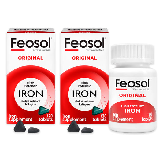 Feosol Original iron supplement bottle and tablets on a white background