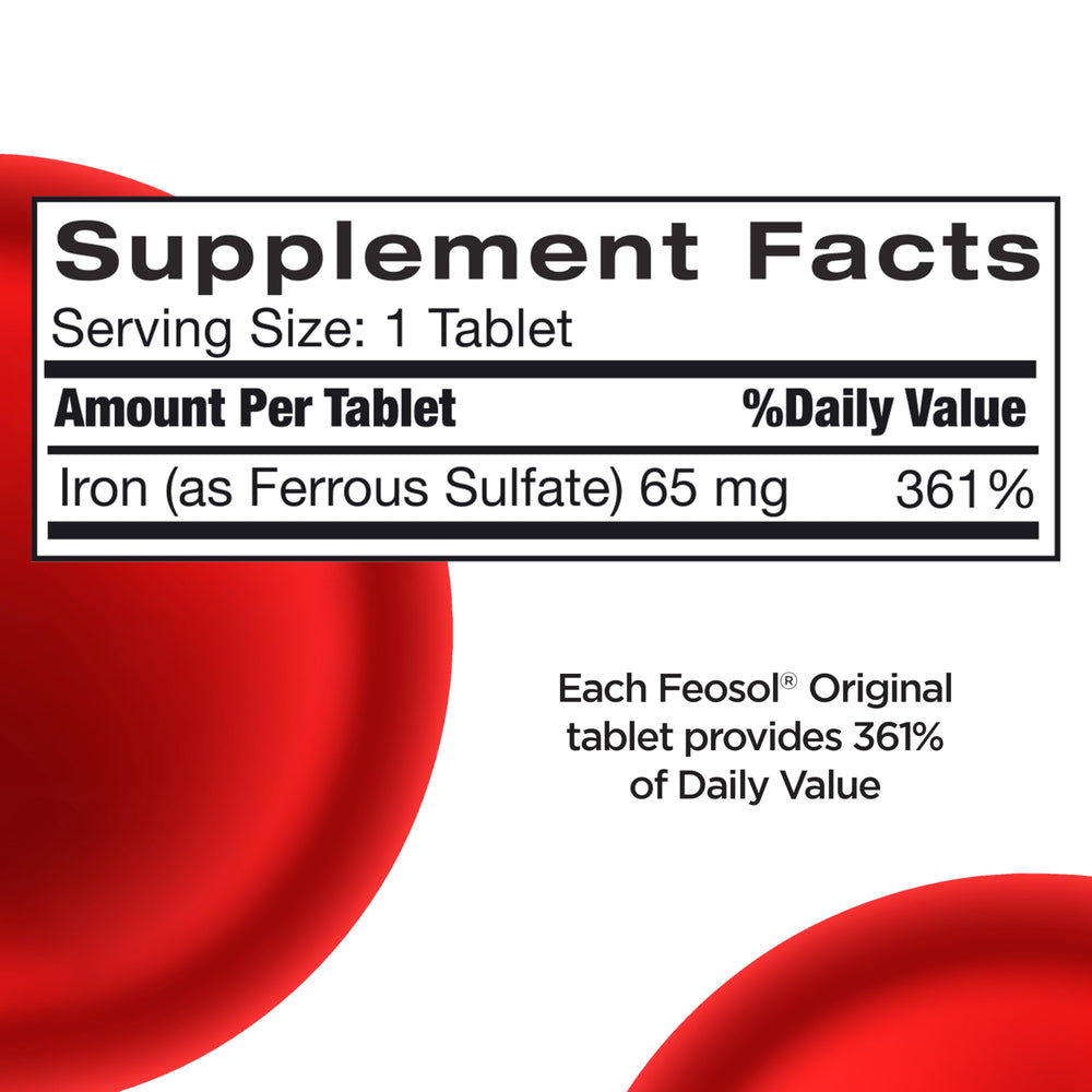 Close-up of Feosol Original 65 mg elemental iron tablet
