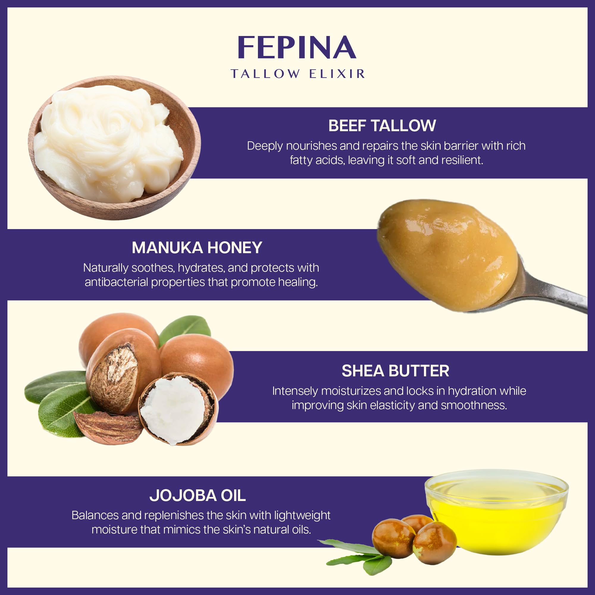 FEPINA manuka honey glycerin blend image suggests balanced, hydrated look