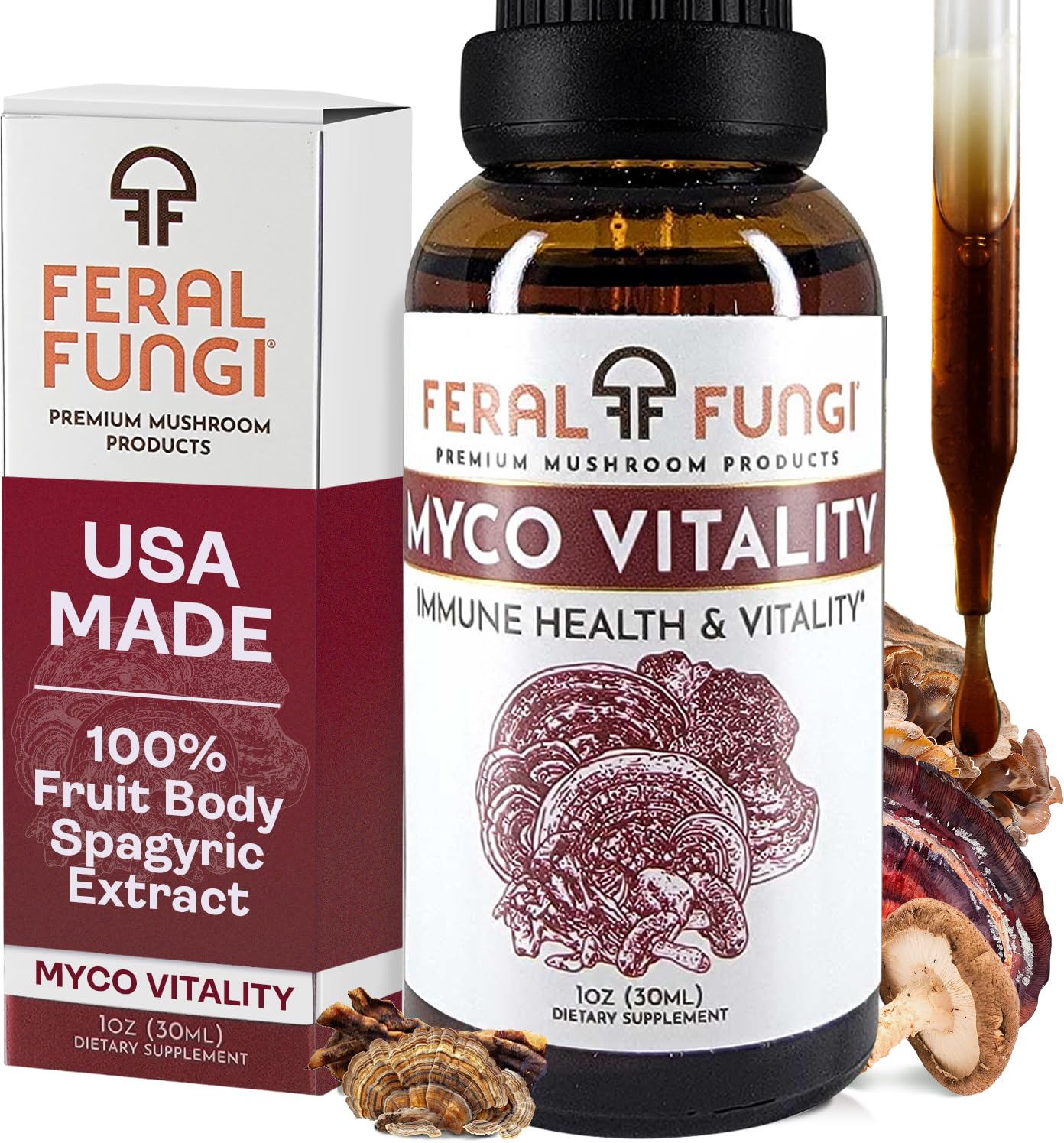 Amber 1 oz bottle of Feral Fungi Myco-Vitality Tincture, front view