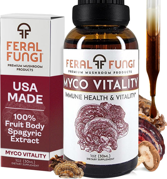 Amber 1 oz bottle of Feral Fungi Myco-Vitality Tincture, front view