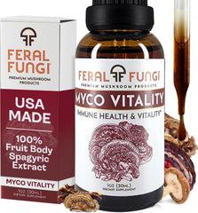 Amber 1 oz bottle of Feral Fungi Myco-Vitality Tincture, front view
