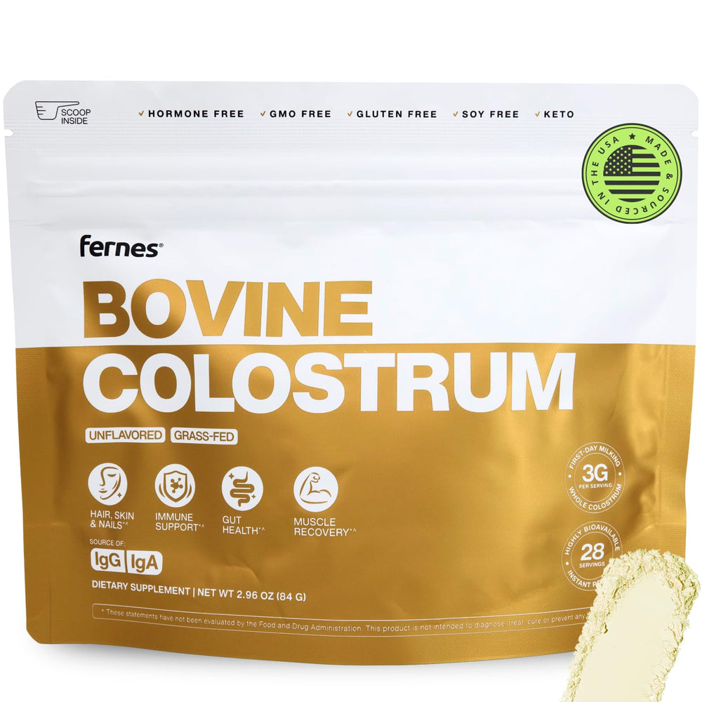 Fernes Grass Fed Colostrum packaging with scoop for easy daily use.