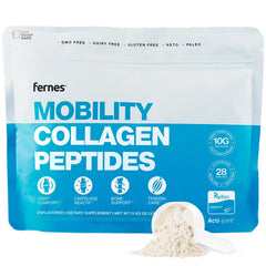 Fernes Mobility bottle label highlighting 10g collagen per serving for joint support.