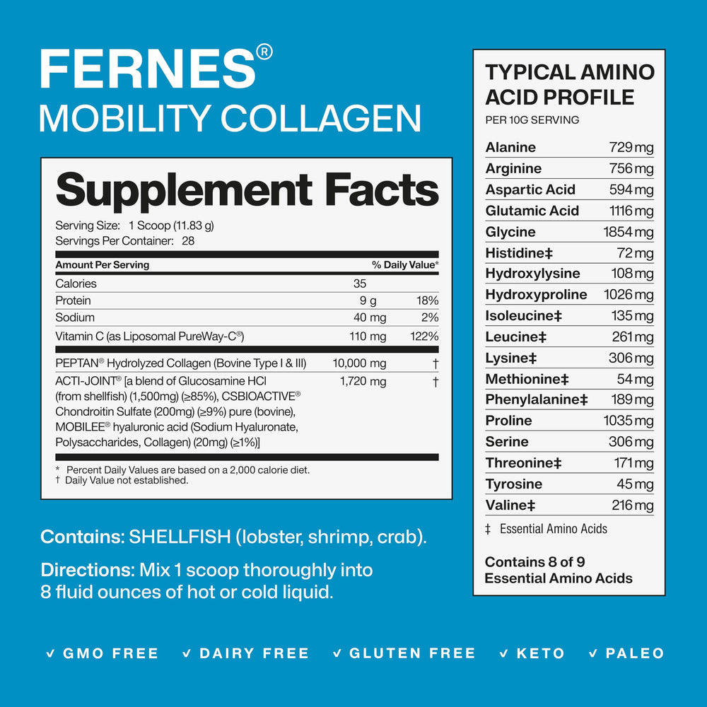 One scoop of Fernes Mobility Collagen Peptides powder