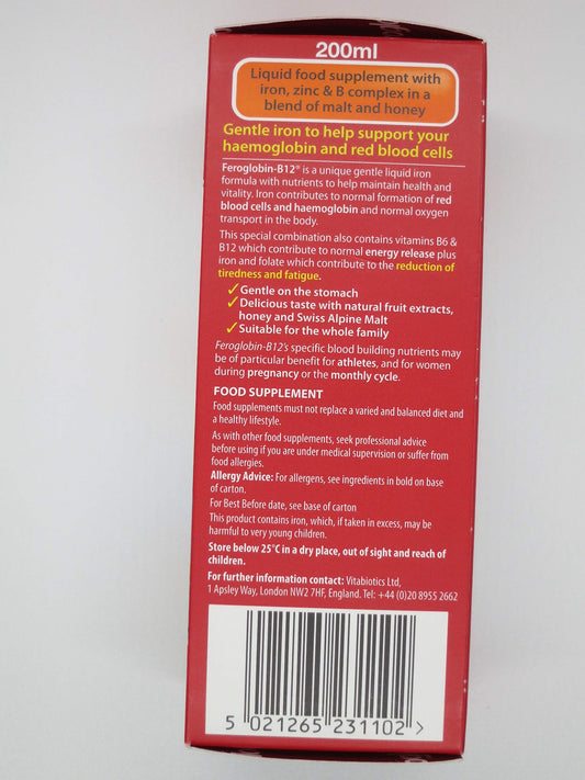 Feroglobin Vitabiotics bottle with label showing 200ml and B12