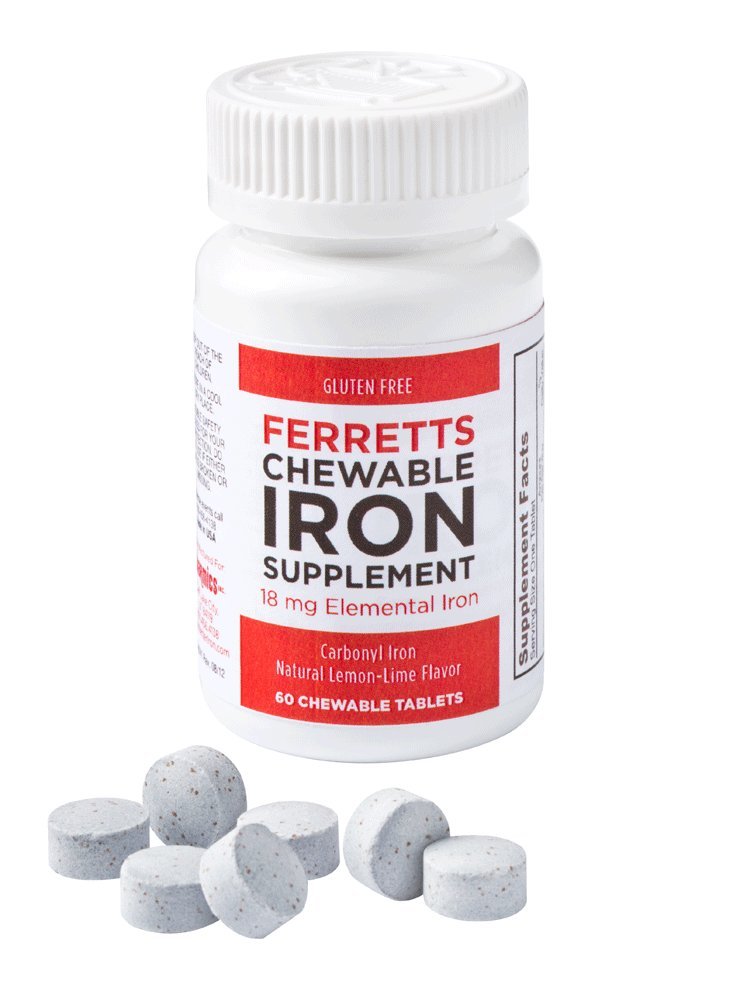 Ferretts Lemon-Lime flavored iron chewables, 60-count bottle with 18 mg carbonyl iron