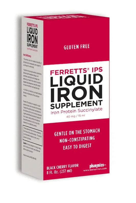 Close-up of Ferretts IPS Liquid Iron serving showing 40 mg iron per 15 mL