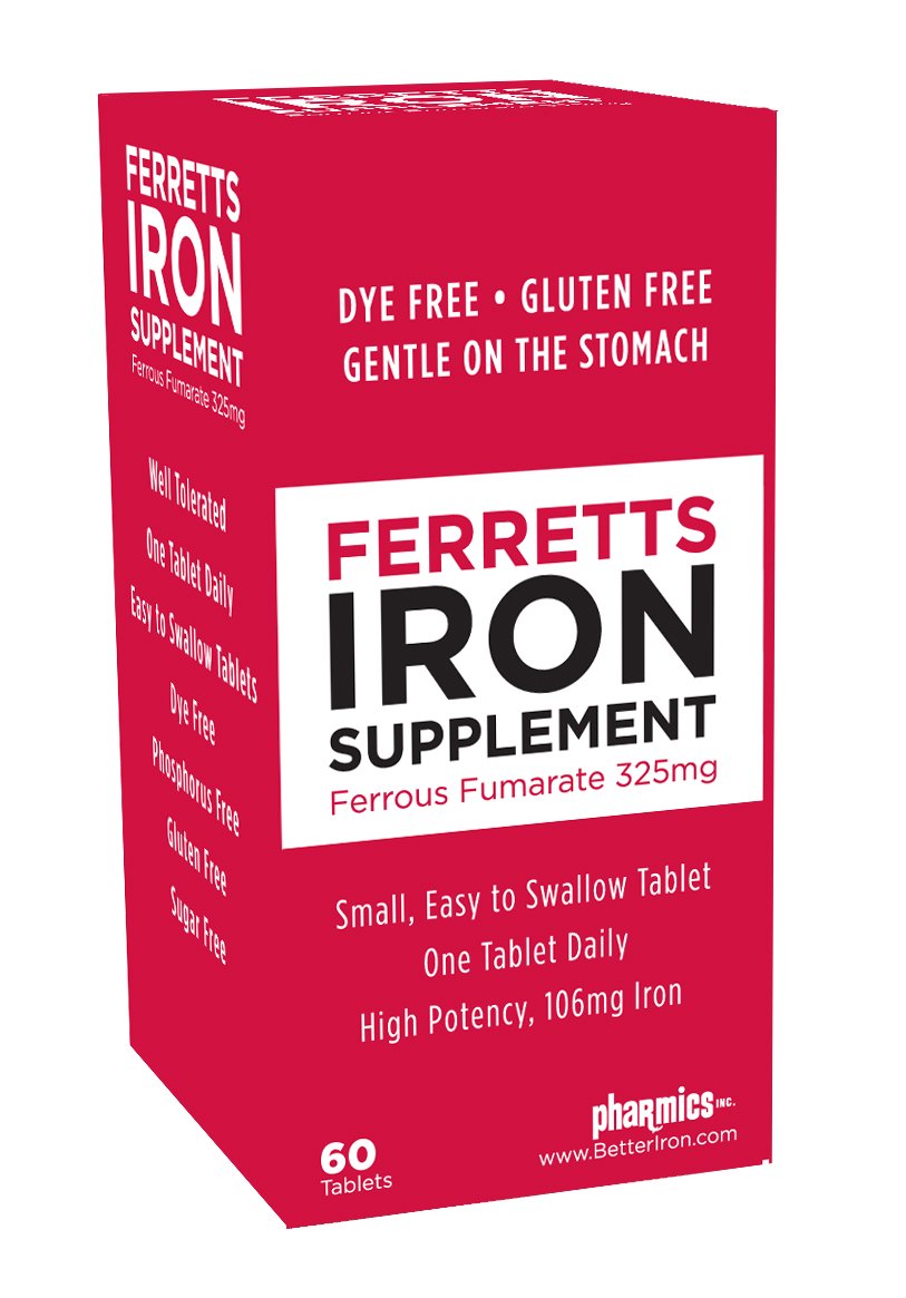 Ferretts Iron Tablets bottle and label showing 106mg elemental iron per pill