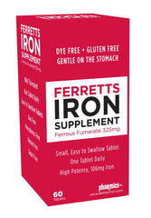 Ferretts Iron Tablets bottle and label showing 106mg elemental iron per pill