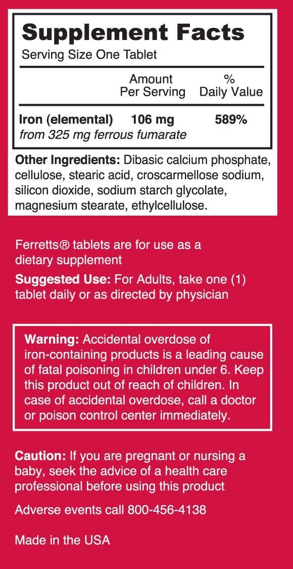 Gluten-free claim on Ferretts Iron Supplement packaging