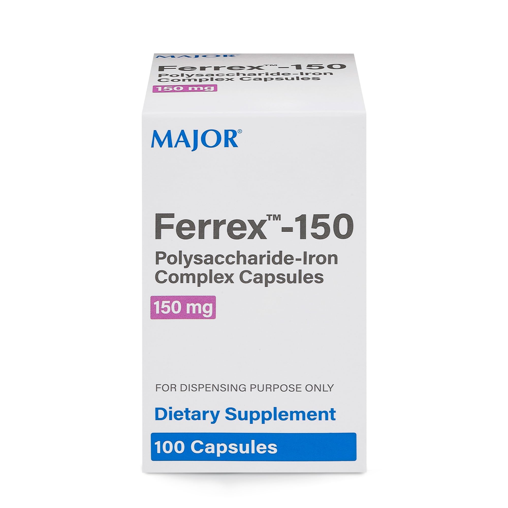 Front view of MAJOR Ferrex-150 polysaccharide-iron capsules