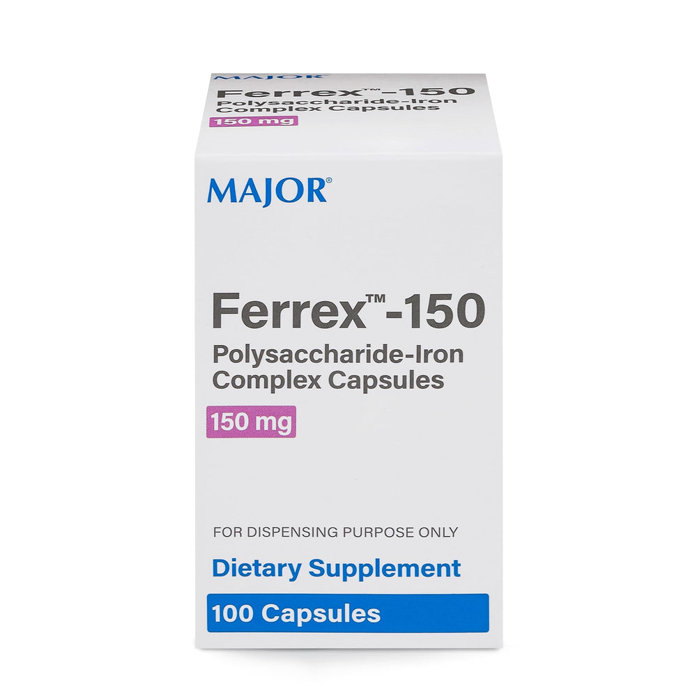Front view of MAJOR Ferrex-150 polysaccharide-iron capsules
