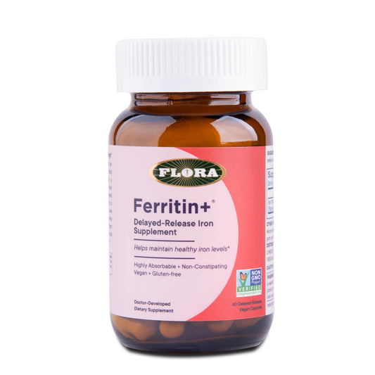 Close-up of Ferritin+ delayed-release plant-based iron capsules