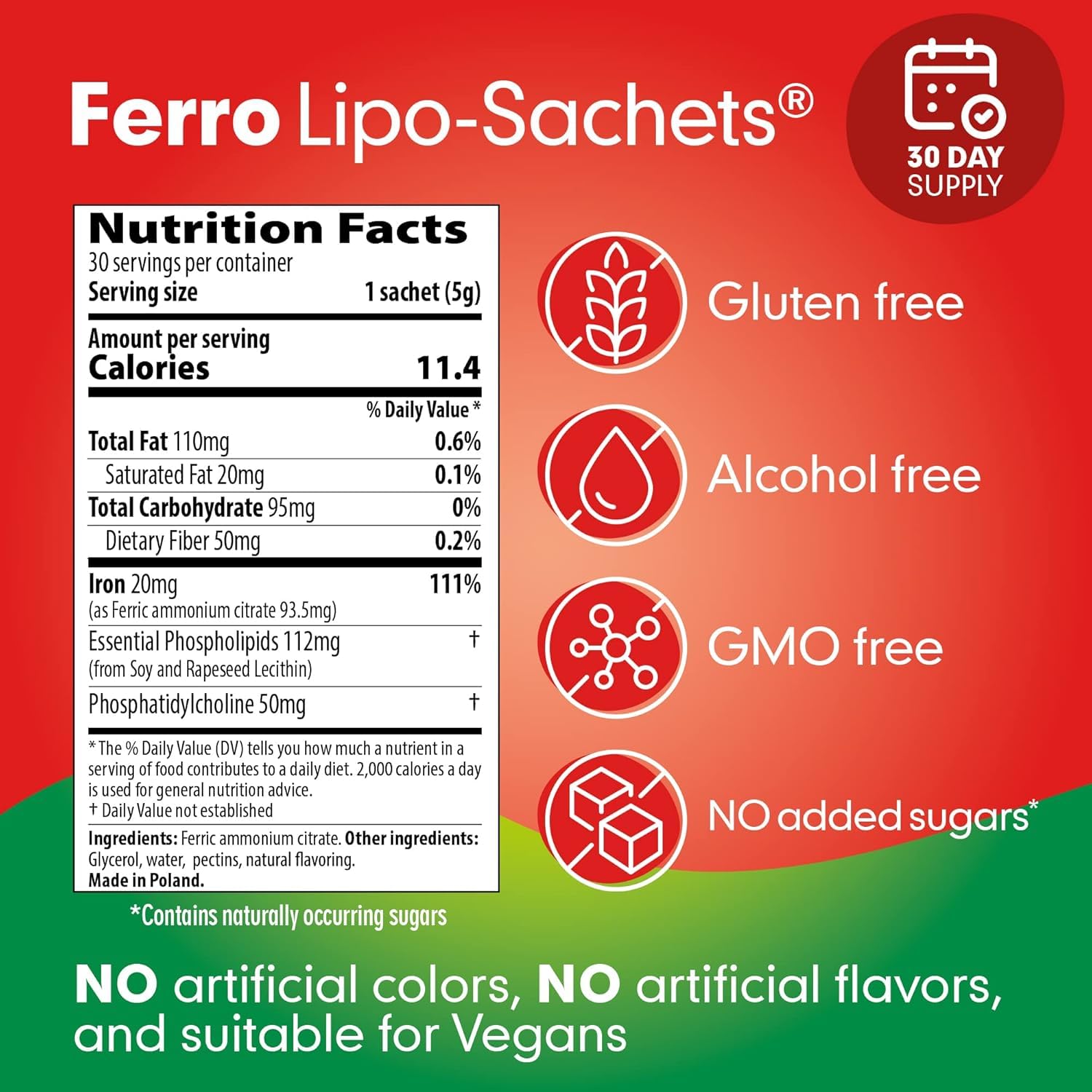 Close-up of a Liposomal iron gel packet from Ferro Lipo-Sachets