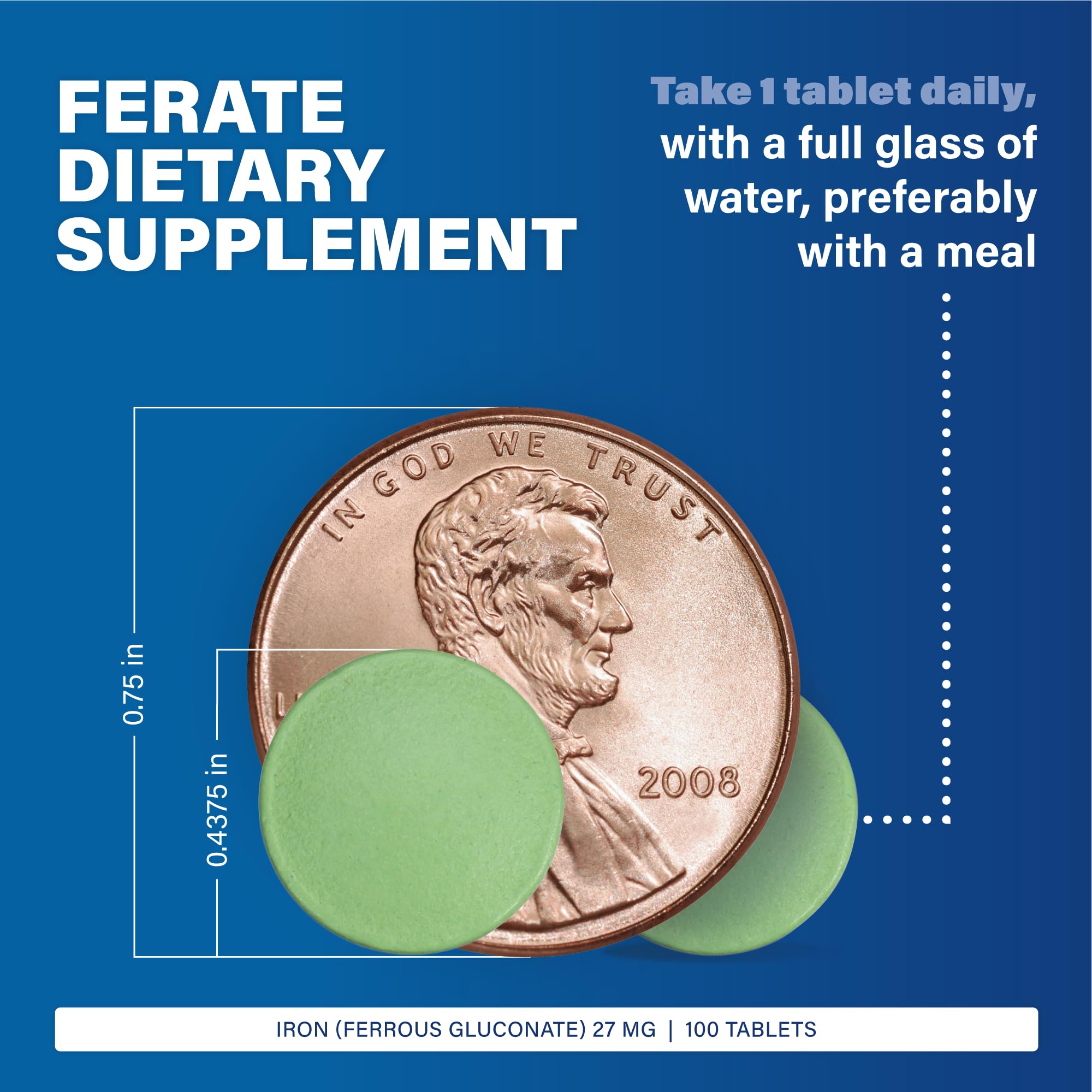 Close-up of ferrous gluconate 27 mg iron tablet