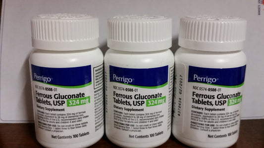 Ferrous Gluconate 324mg tablets – green, 3-pack, 100 tablets per pack