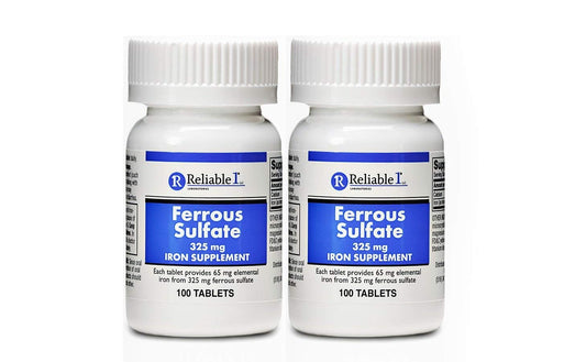 Ferrous Sulfate 325mg iron supplement bottle front view (2-pack)