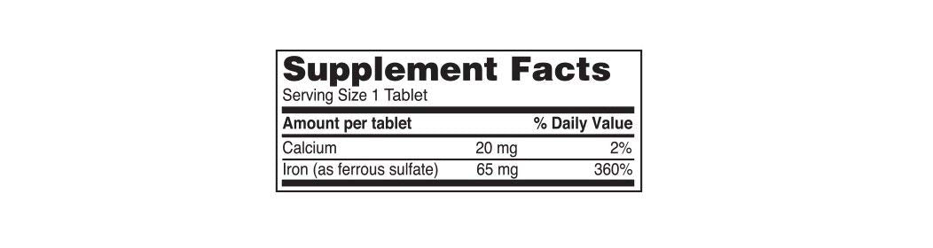 Close-up of an iron tablet showing 65 mg elemental iron