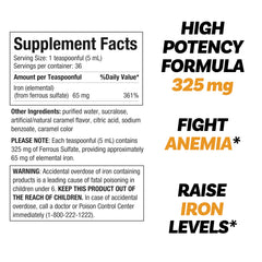 Close-up of 325 mg ferrous sulfate and 65 mg elemental iron per serving on label