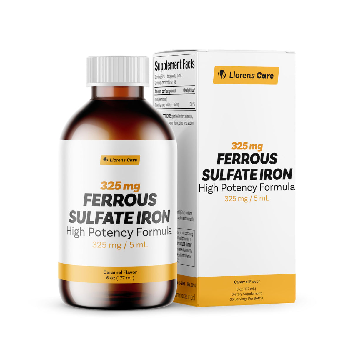 Front label of Llorens Care Ferrous Sulfate Liquid Iron 6 oz caramel flavor